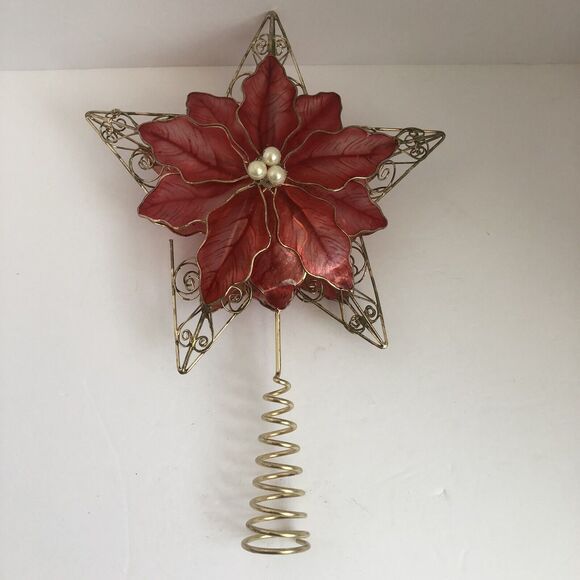 Kurt Adler Red Capiz Poinsettia Christmas Tree Topper 5 Point Gold Wire Star - Picture 1 of 16